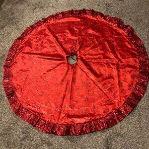48" CHRISTMAS TREE SKIRT , RED GLITTER SNOWFLAKES